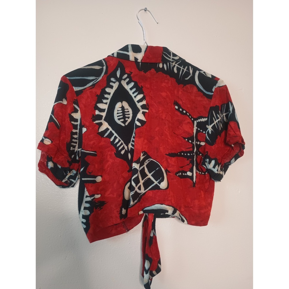 VTG 80s 90s Taurus II Red Tie Front Crop Cowrie Shell Abstract Boho Top M